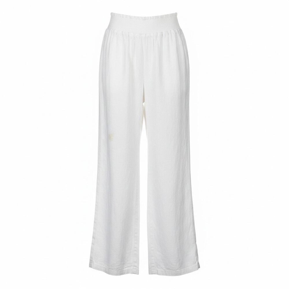 White 100% Linen Pants Small Smocked Waist Straight Leg Coastal Boho Chic Summer